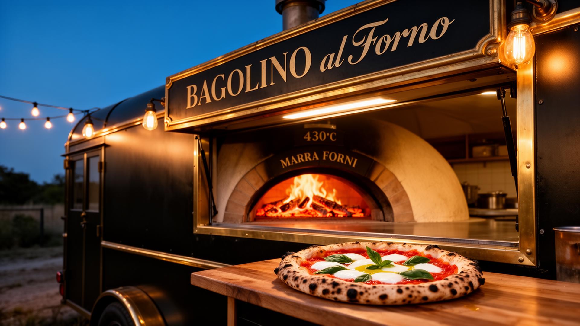 BAGOLINO al Forno trailer with wood-fired oven and fresh Neapolitan pizza